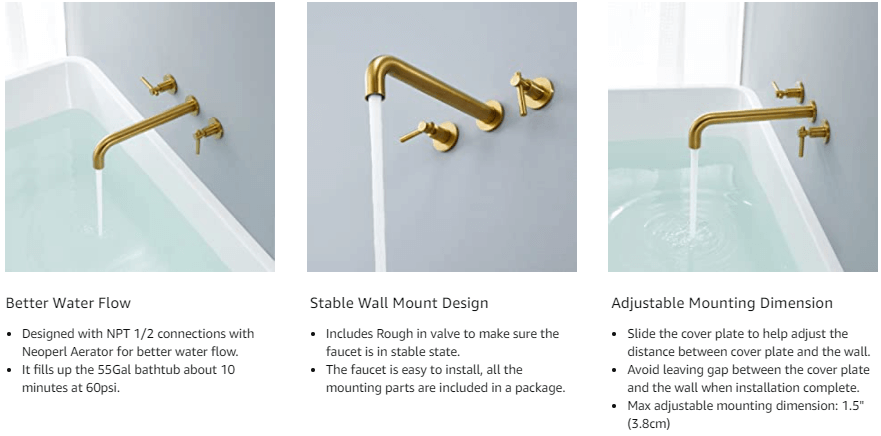wowow 2 handle brushed gold wall mount tub faucet
