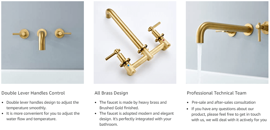 wowow 2 handle brushed gold wall mount tub faucet