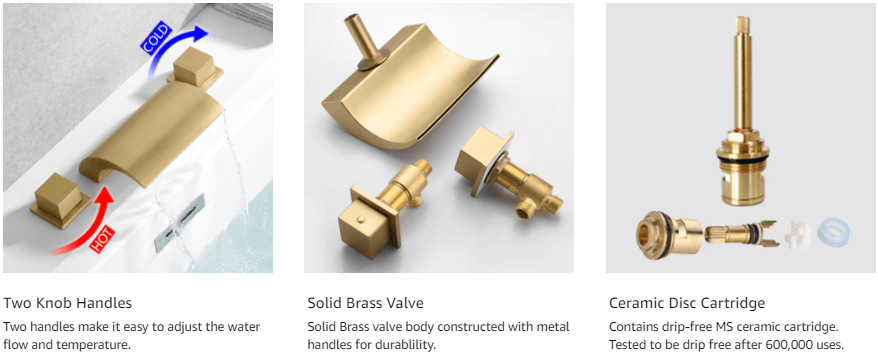 wowow 2 handle waterfall brushed gold roman tub faucet