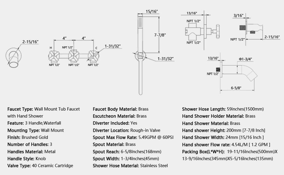 wowow 3 handle brushed gold tub faucet