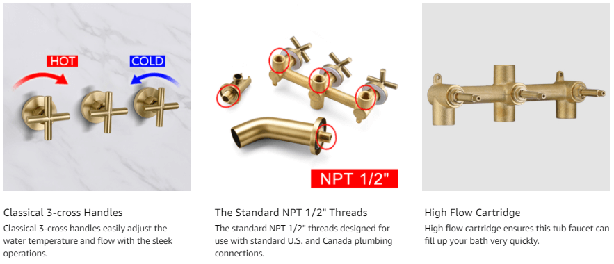 wowow 3 handle brushed gold tub faucet