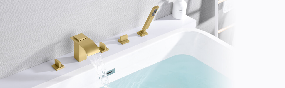 wowow 5 hole brushed gold waterfall roman tub filler with sprayer