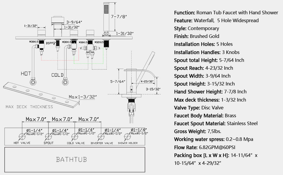 wowow 5 hole brushed gold waterfall roman tub filler with sprayer