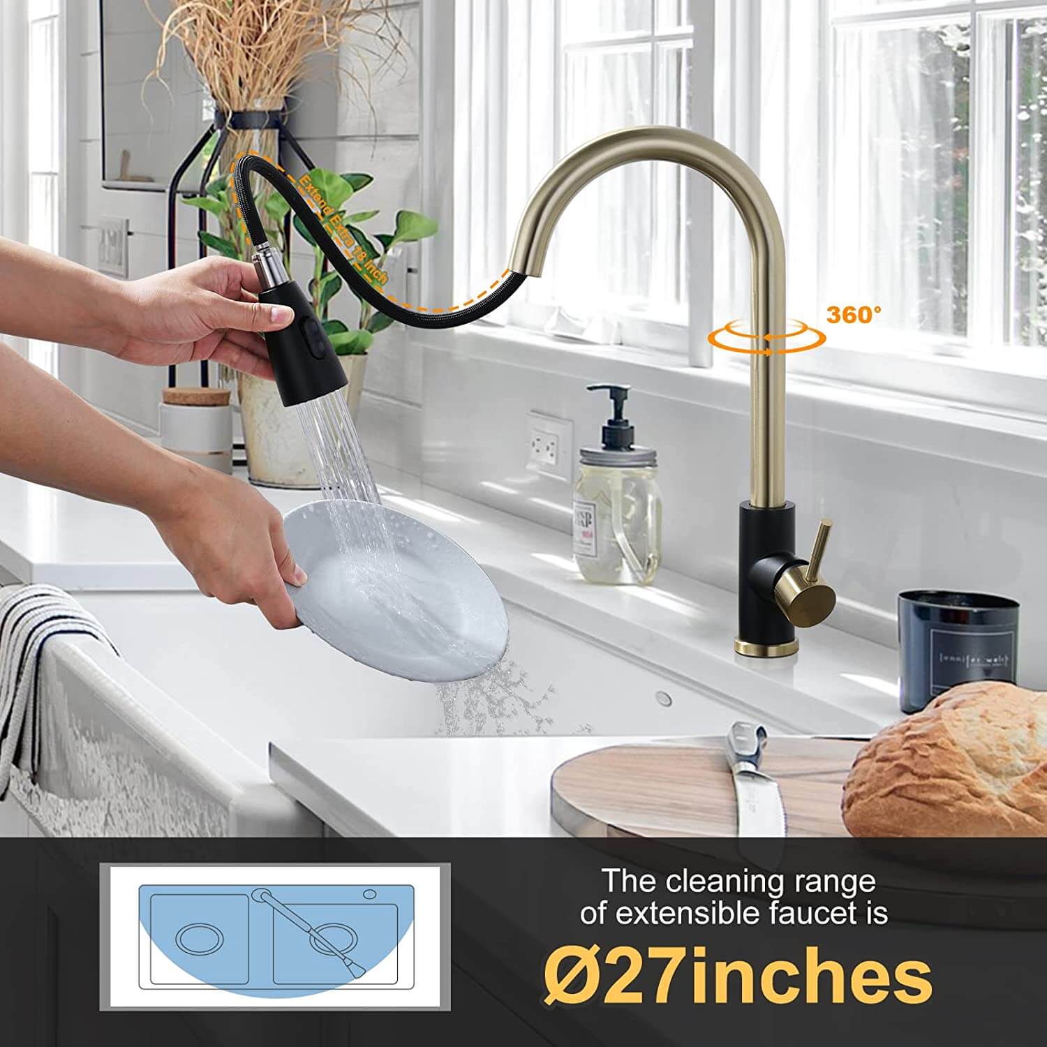 WOWOW Black and Gold Kitchen Faucet with Pull Down Sprayer