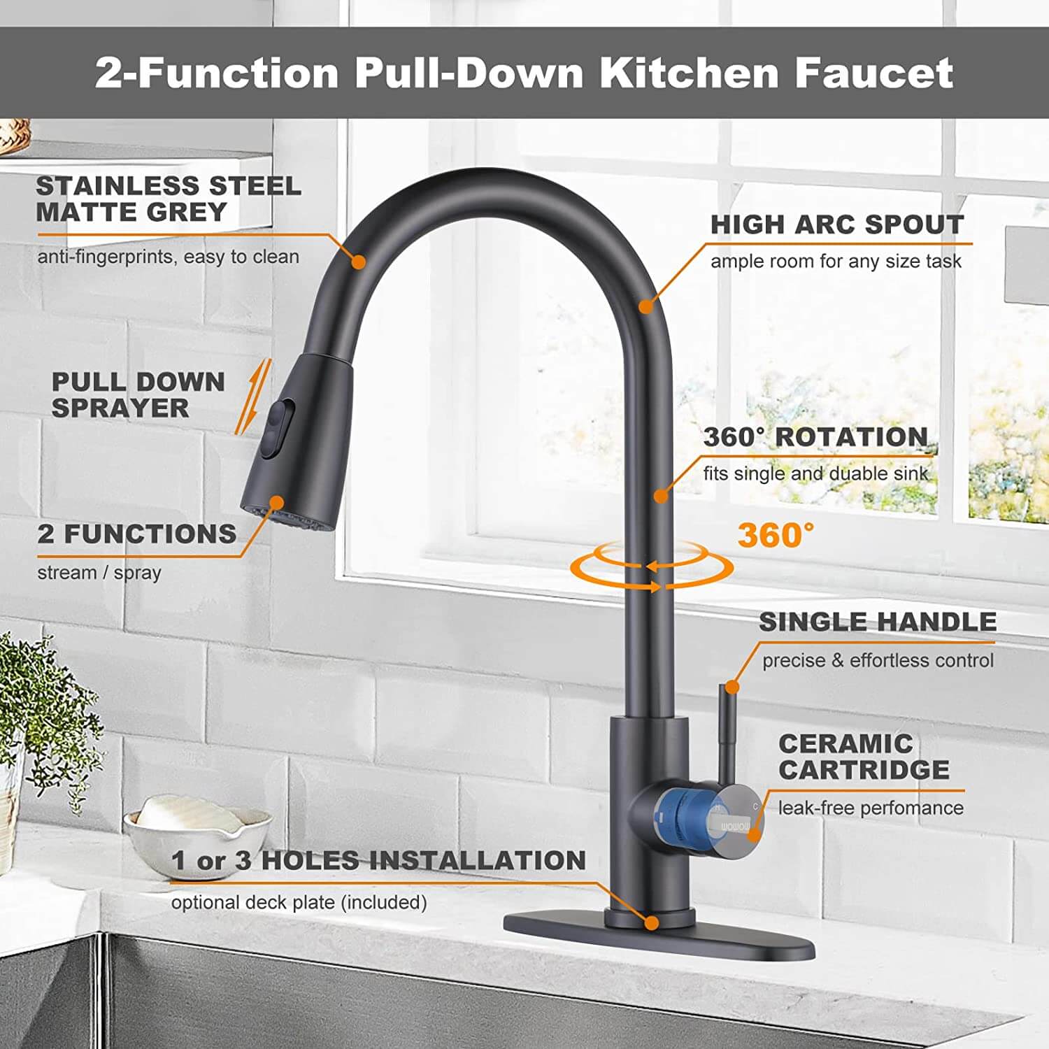 wowow black stainless kitchen faucet with sprayer 6