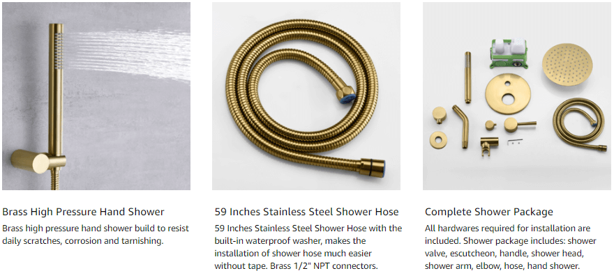 wowow brushed gold rain shower system with handheld spray