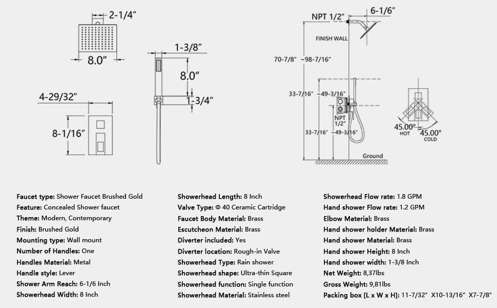 wowow brushed gold rain shower system with valve and trim