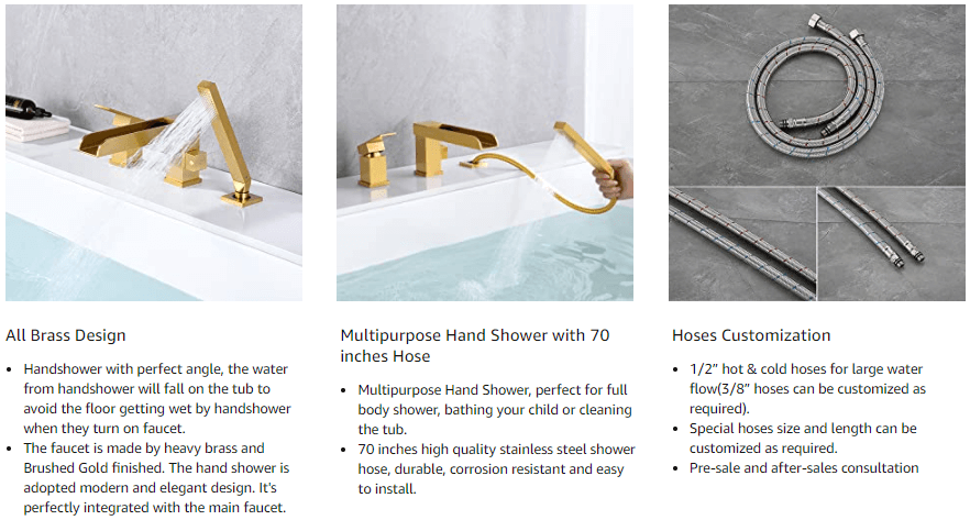 wowow brushed gold waterfall roman tub filler with hand shower 2