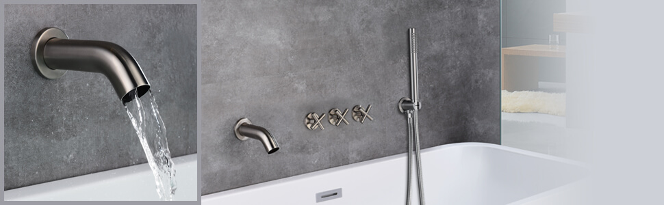 wowow brushed nickel 3 handle tub filler with hand shower