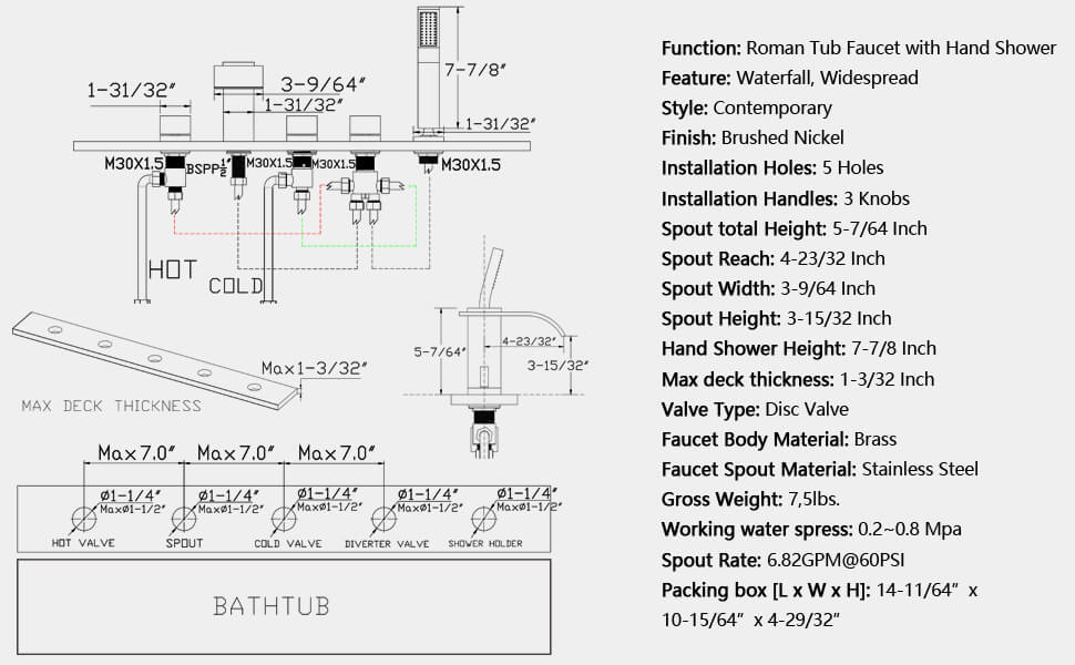 wowow brushed nickel 5 hole roman tub faucet with handheld shower