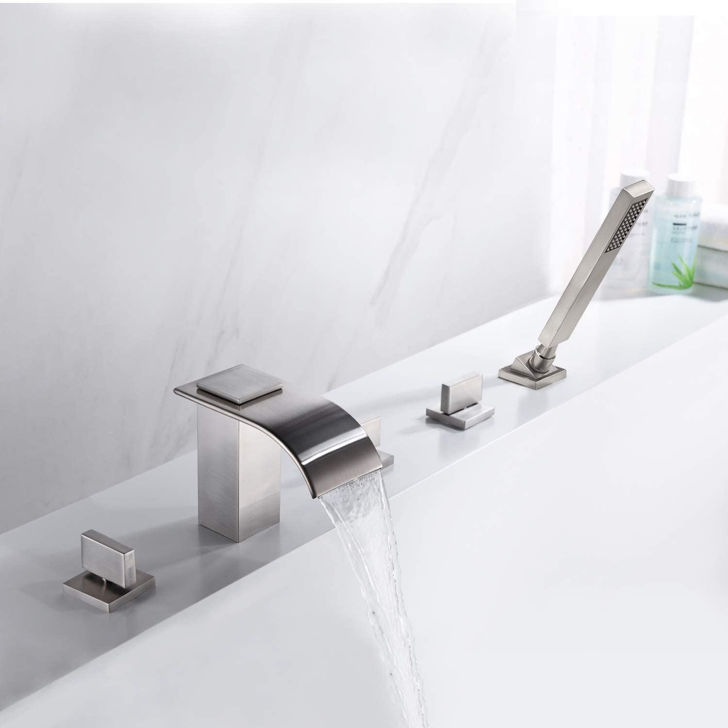 wowow brushed nickel 5 hole roman tub faucet with handheld shower