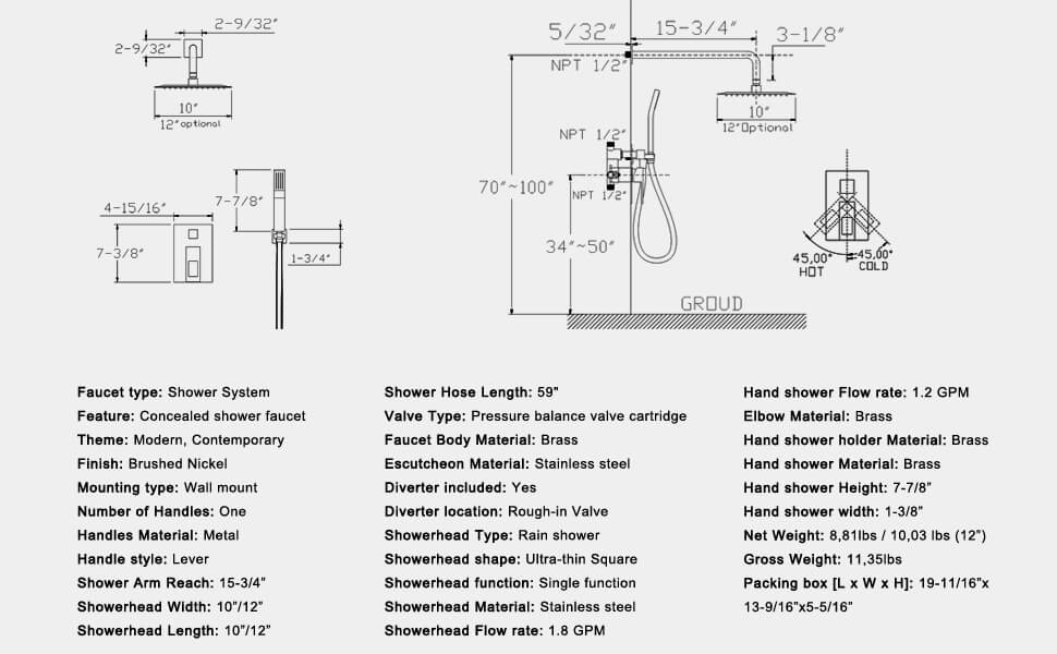 wowow brushed nickel rain shower system with 12 inch shower head