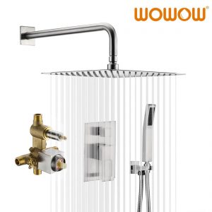 WOWOW Brushed Nickel Rain Shower System with 12″ Shower Head and Handheld