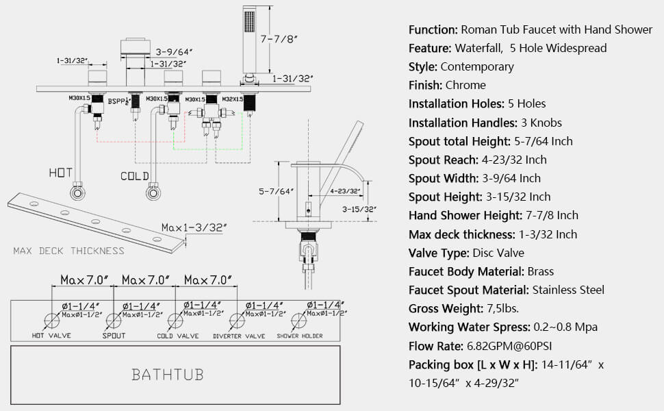 wowow chrome 5 hole waterfall roman tub faucet