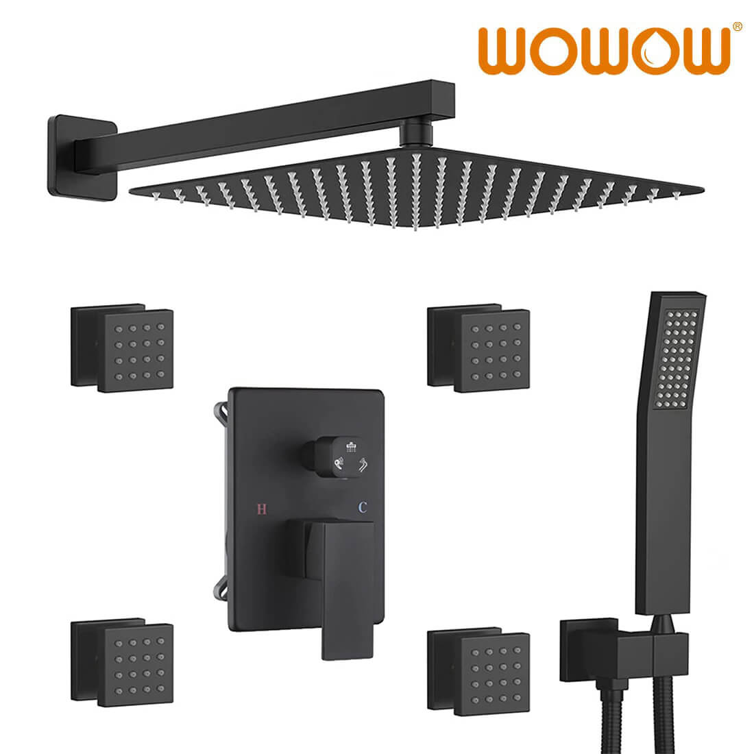 wowow matte black rain shower system with body jets and handheld