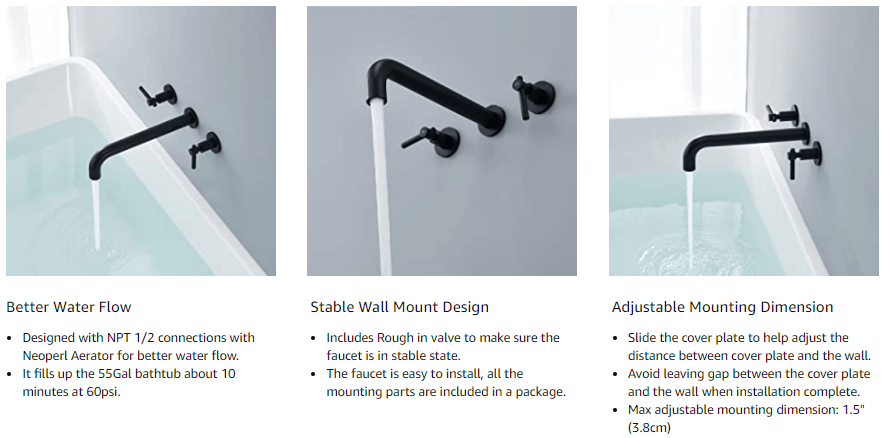 wowow matte black wall mount 2 handle bath tub mixer tap