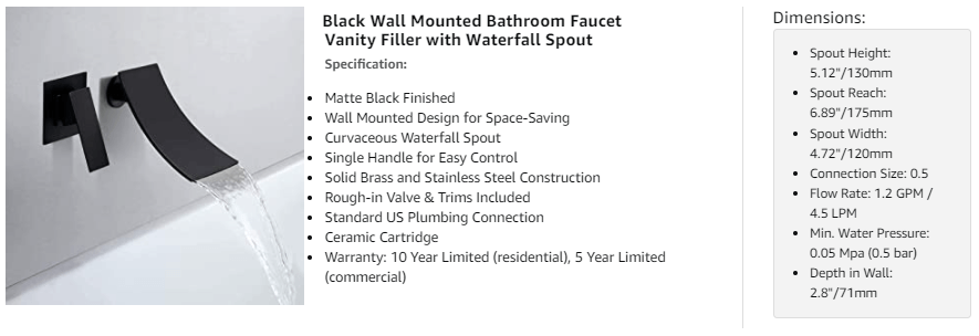 wowow matte black waterfall wall mount bathroom faucet