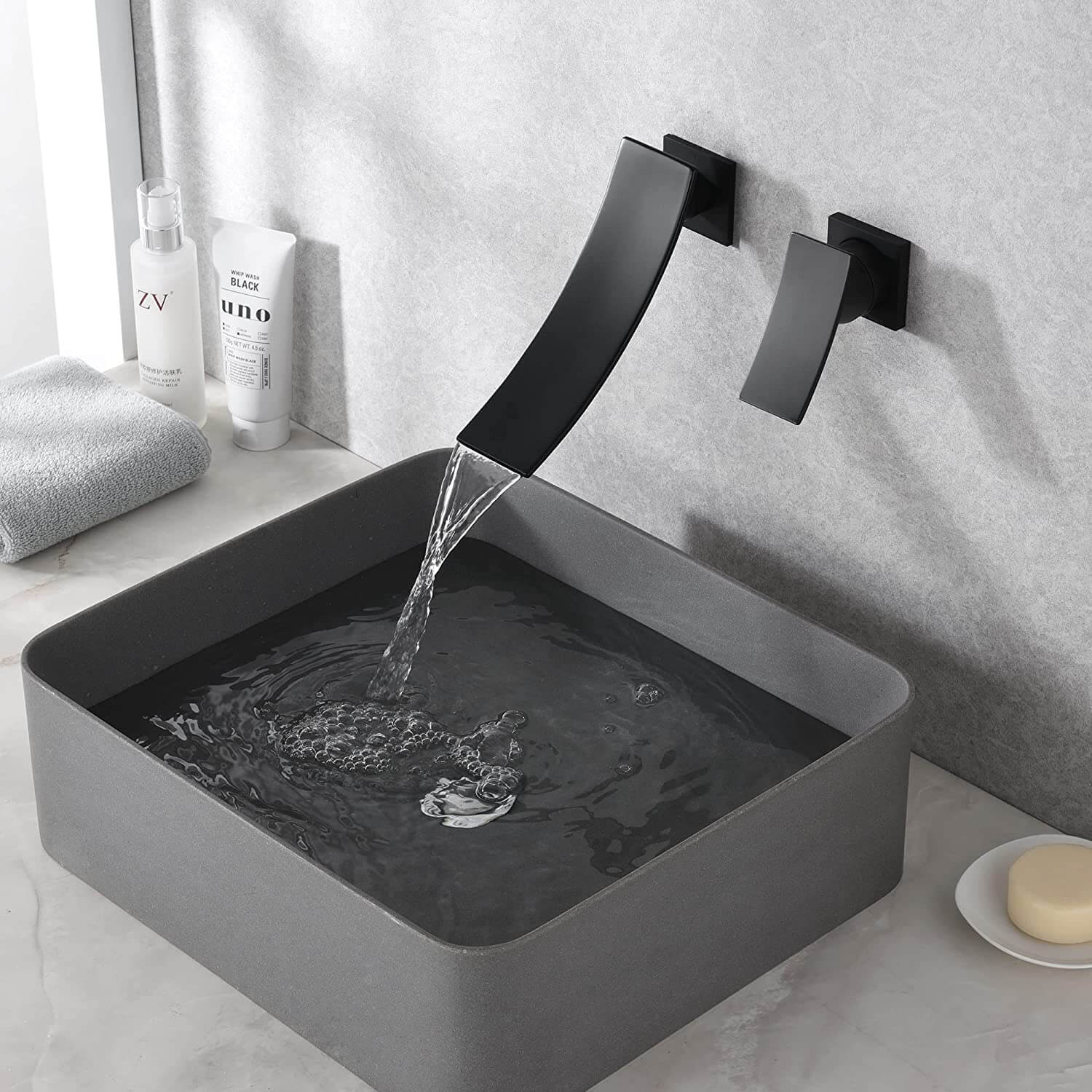 wowow wall mount matte black waterfall bathroom faucet