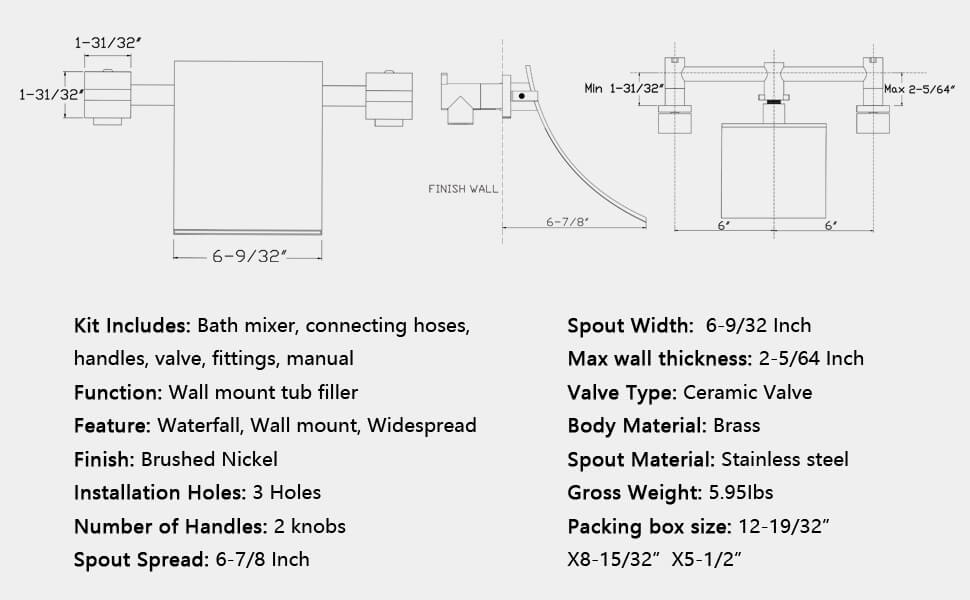 wowow wall mount waterfall 3 hole brushed nickel bathtub faucet