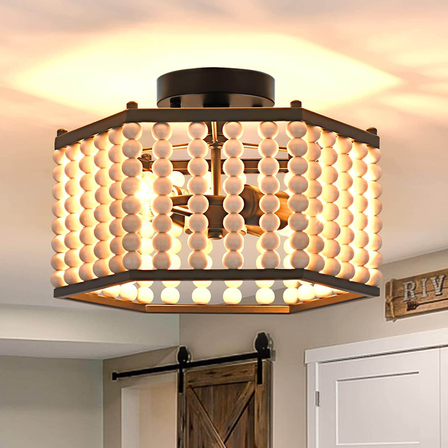 wowow boho farmhouse wood bead chandelier ceiling light fixture