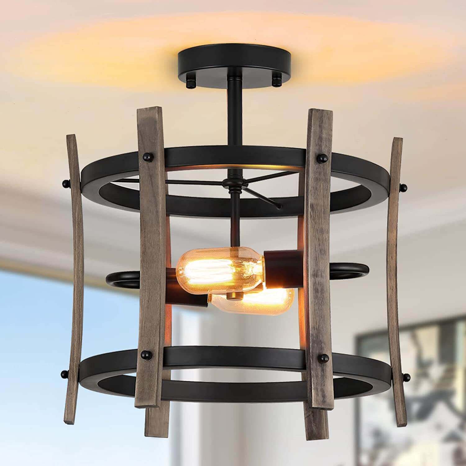 wowow retro farmhouse wood flush mount ceiling light fixture