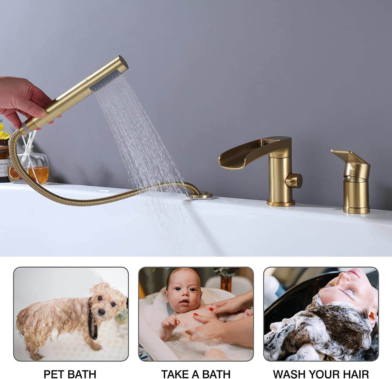 wowow 3 hole brushed gold waterfall roman tub faucet with hand shower