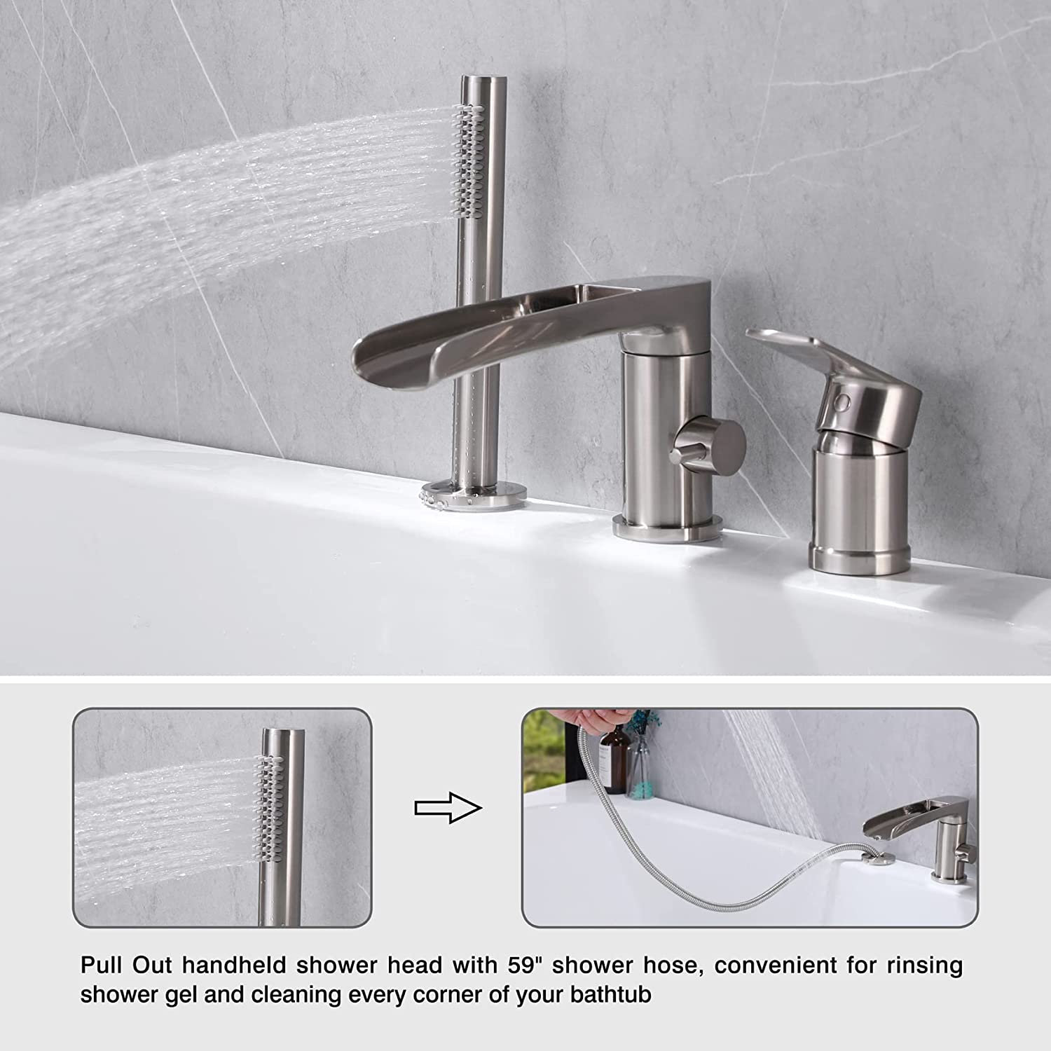 wowow 3 hole brushed nickel waterfall roman tub faucet with hand shower