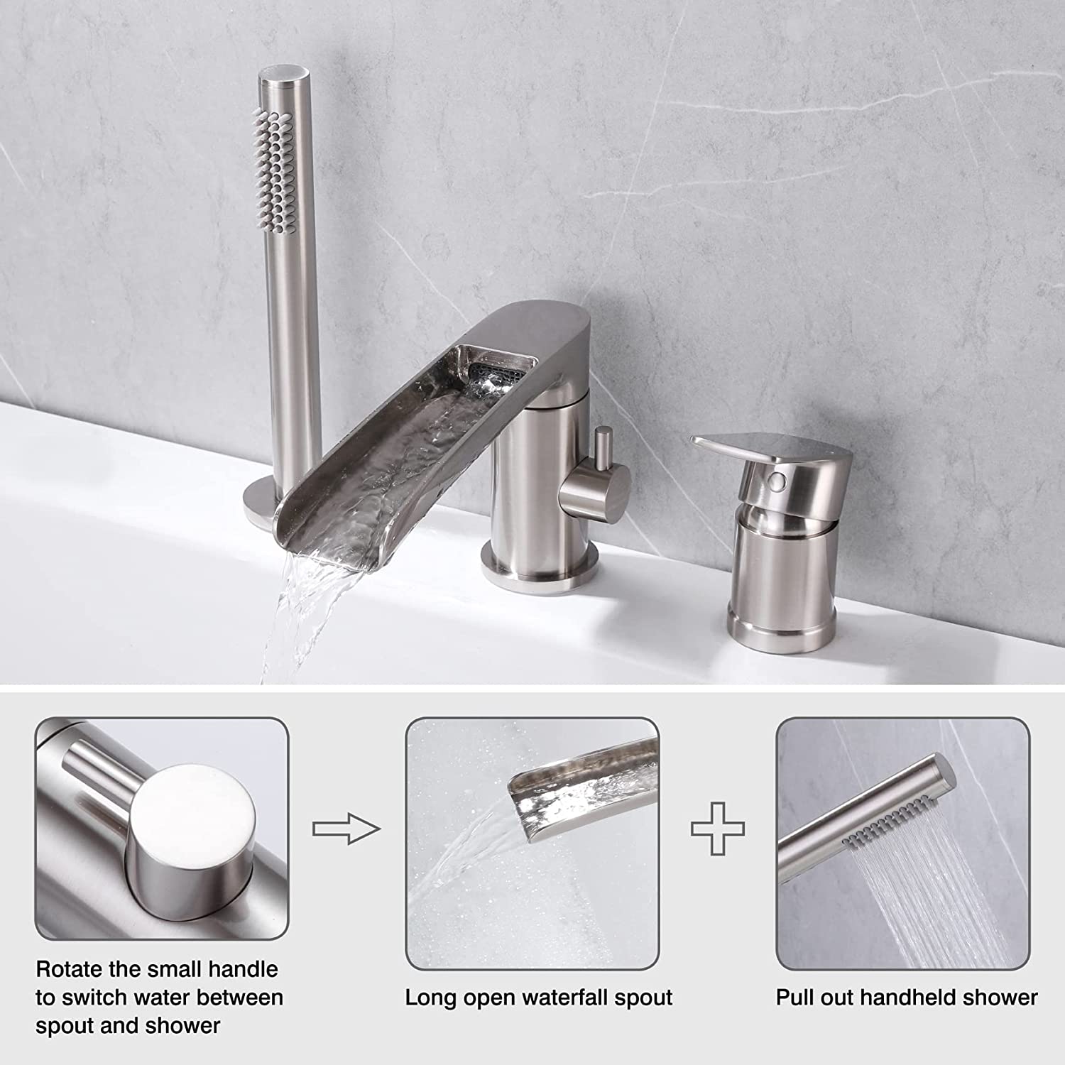 wowow 3 hole brushed nickel waterfall roman tub faucet with hand shower