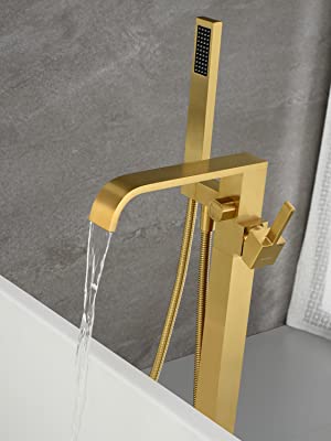 wowow brushed gold floor mount freestanding tub faucet with hand shower