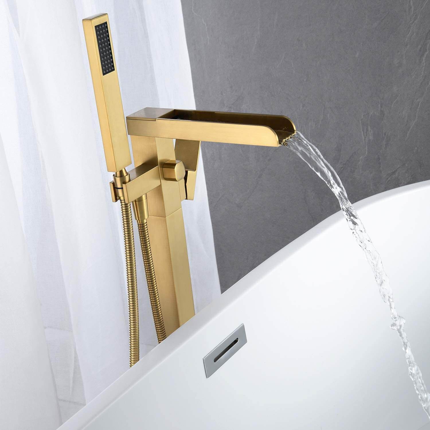 wowow brushed gold waterfall freestanding tub filler with hand shower
