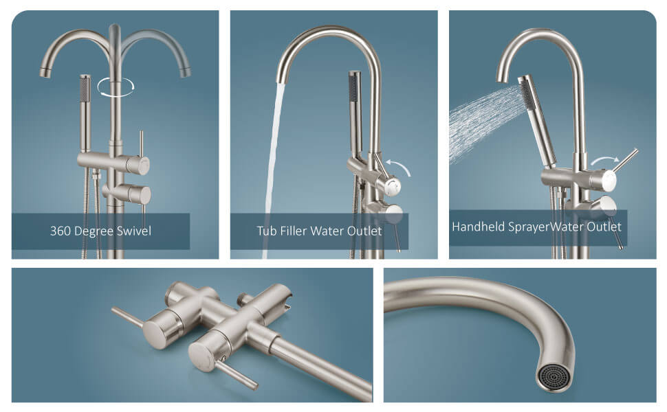 wowow brushed nickel freestanding tub filler with handheld shower mixer taps swivel spout