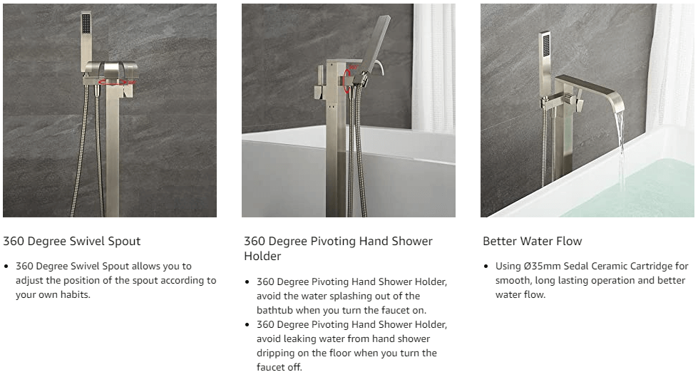 wowow floor mount brushed-nickel freestanding tub filler with hand shower