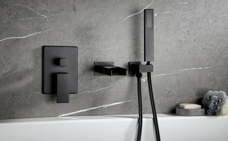 wowow matte black wall mount bathroom tub filler with handheld shower