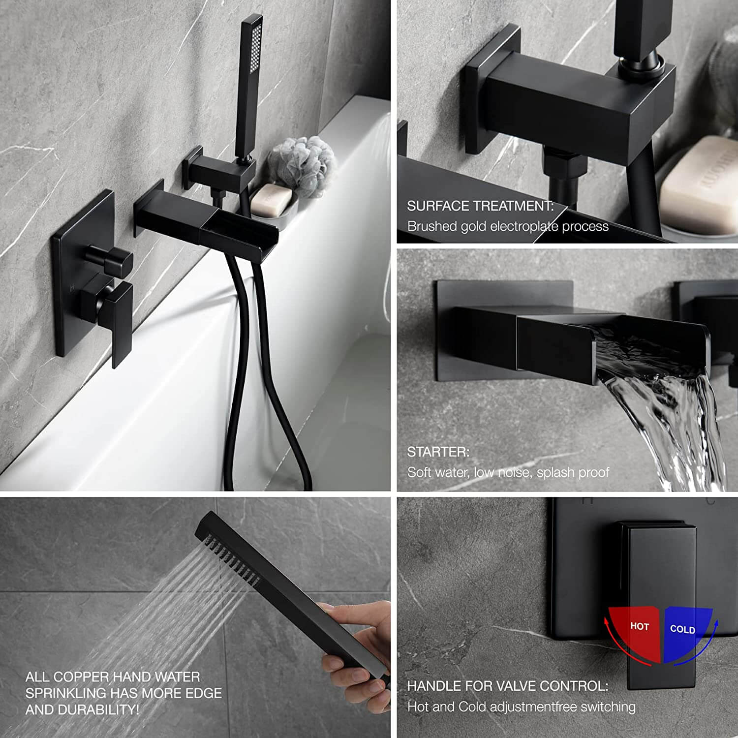wowow matte black wall mount bathroom tub filler with handheld shower