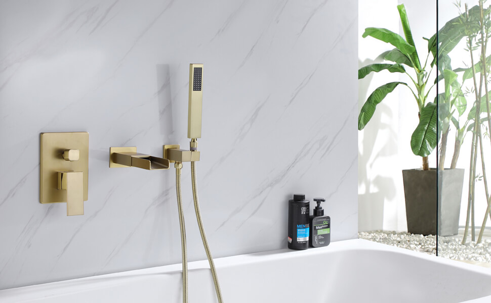 wowow wall mount brushed gold bathroom tub filler with handheld shower