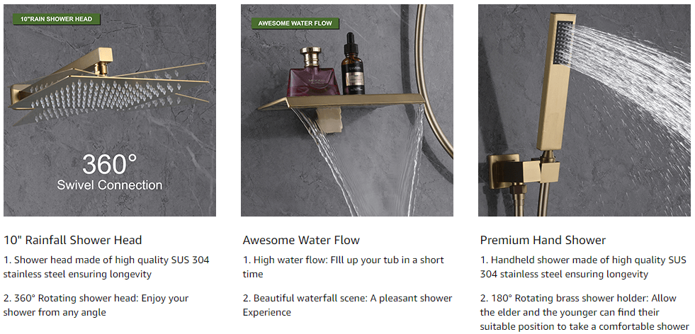 wowow brushed gold luxury shower system with high pressure 10 rain shower head and handheld