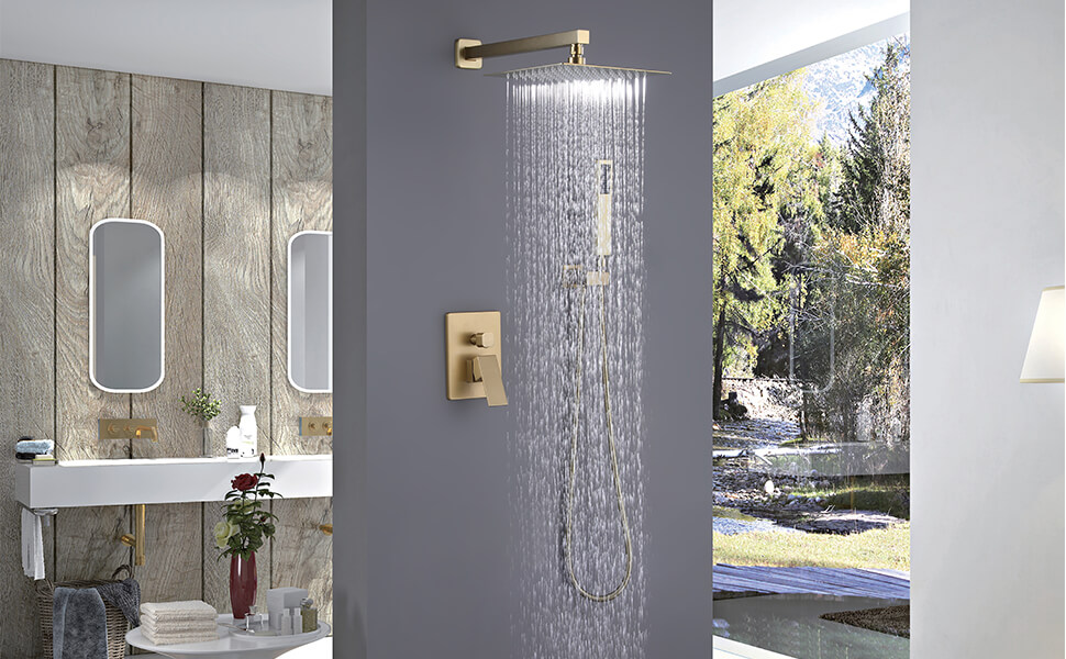 wowow brushed gold luxury shower system with high pressure 10 rain shower head and handheld