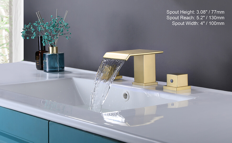 wowow brushed gold waterfall 3 hole widespread bathroom sink faucet