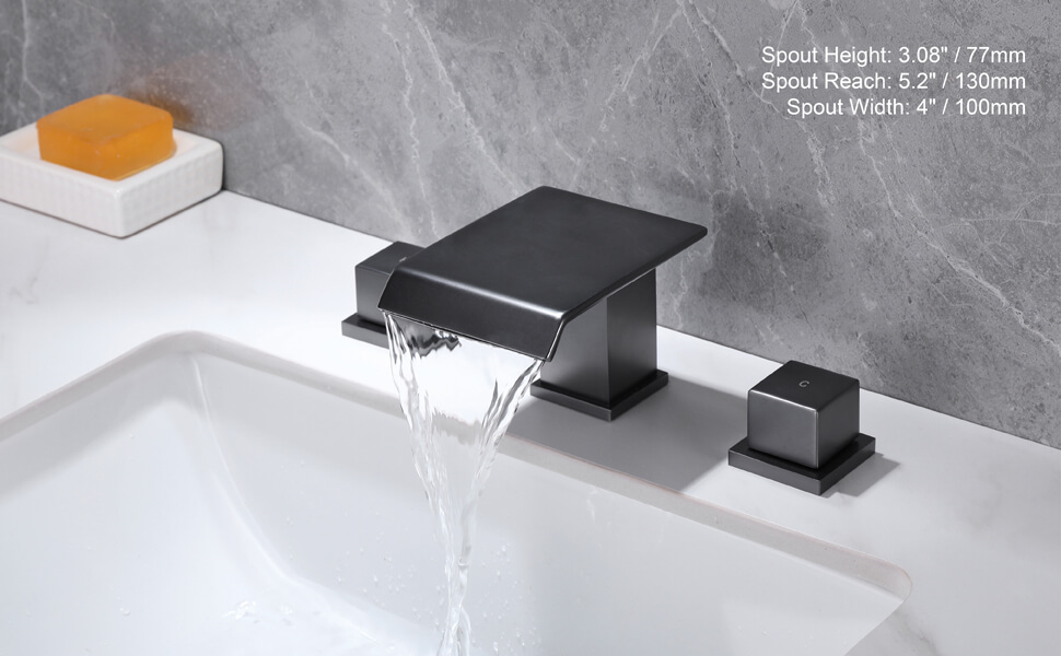 wowow modern 3 hole widespread matte black waterfall bathroom sink faucet