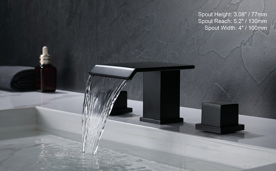 wowow modern 3 hole widespread matte black waterfall bathroom sink faucet square handle