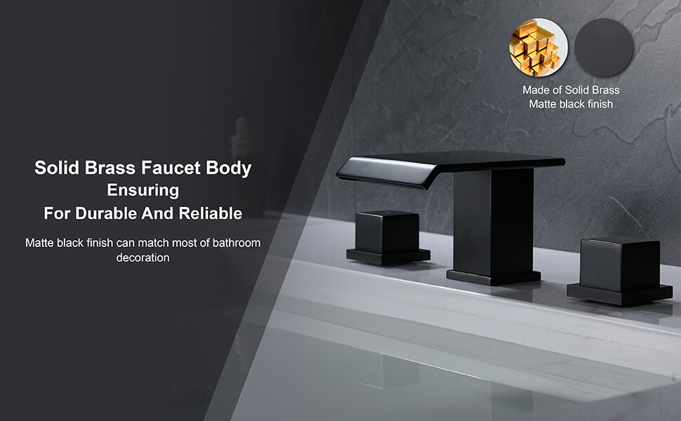 wowow modern 3 hole widespread matte black waterfall bathroom sink faucet square handle