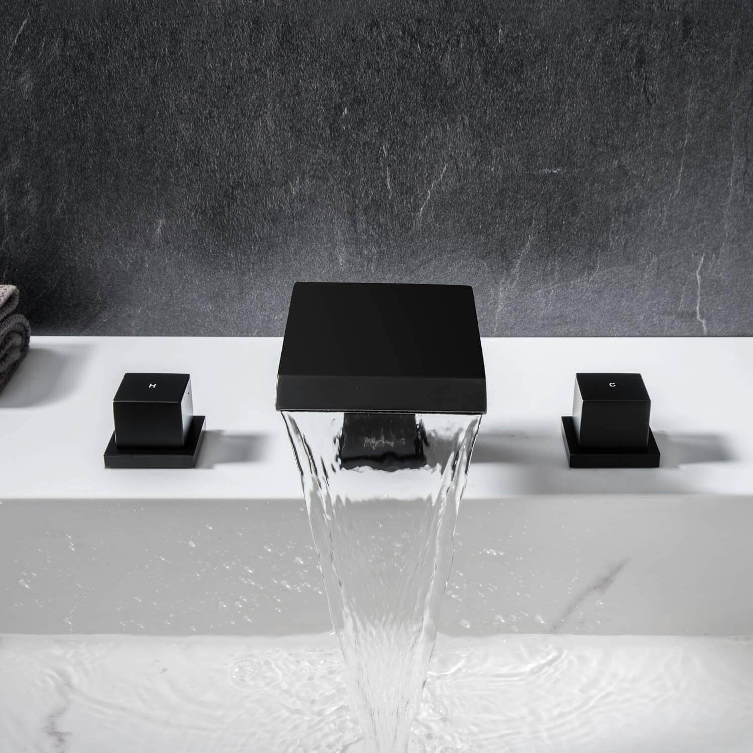 wowow modern 3 hole widespread matte black waterfall bathroom sink faucet square handle