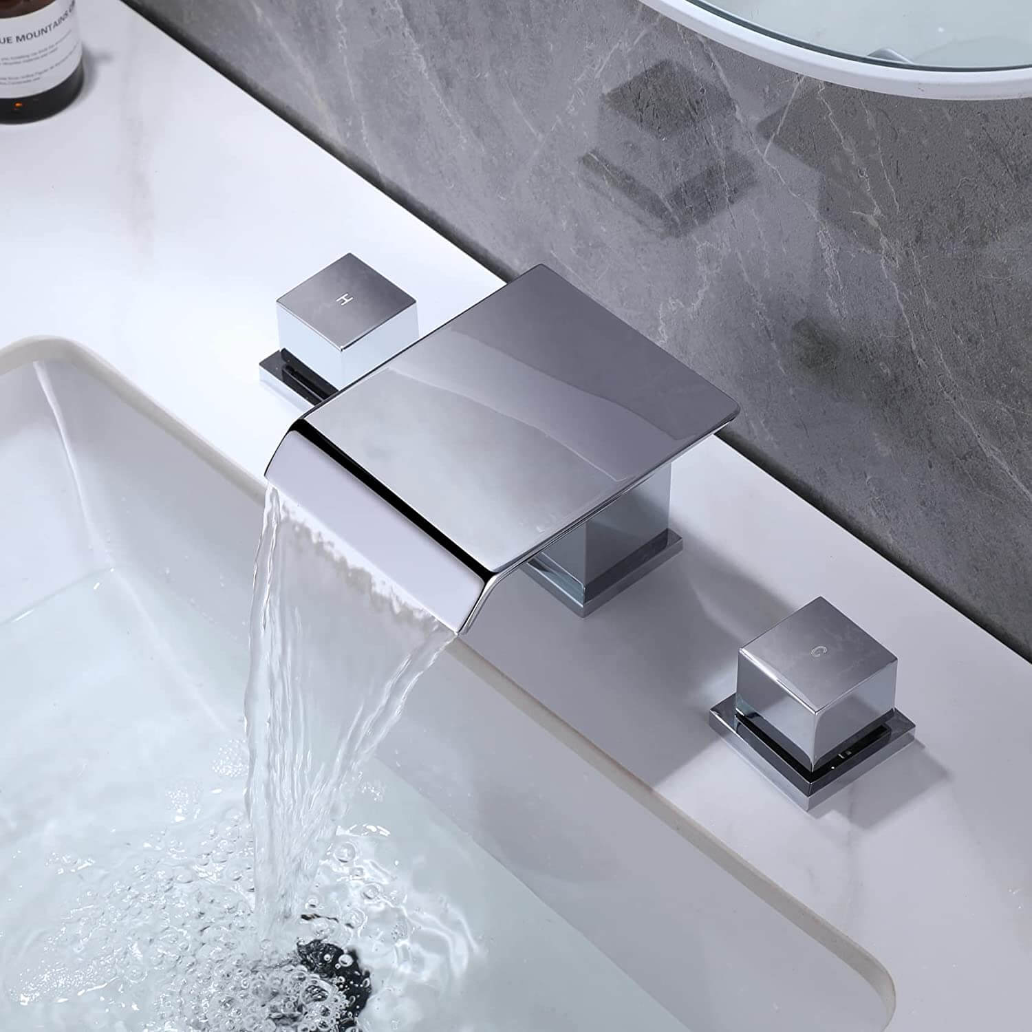 wowow modern waterfall 3 hole widespread bathroom sink faucet square handle chrome finish