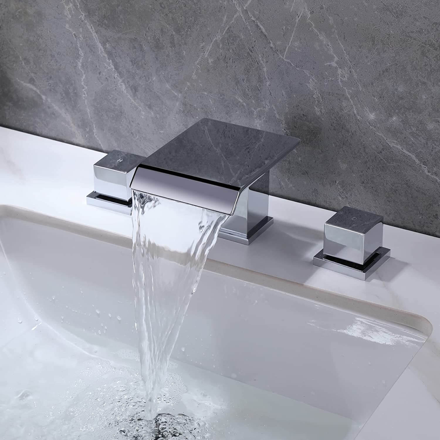 wowow modern waterfall 3 hole widespread bathroom sink faucet square handle chrome finish