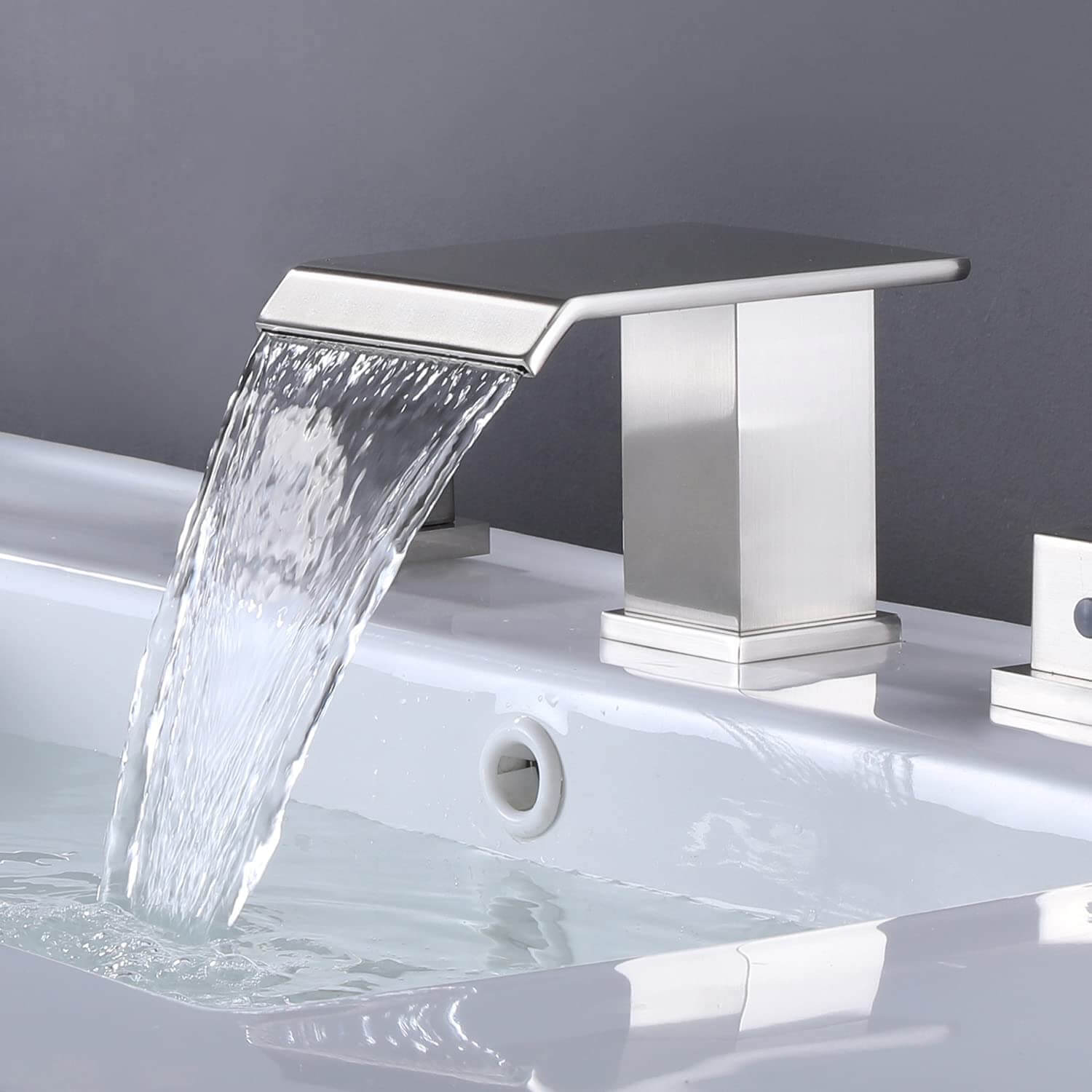 wowow morden brushed nickel waterfall 3 hole widespread bathroom sink-faucet square handle