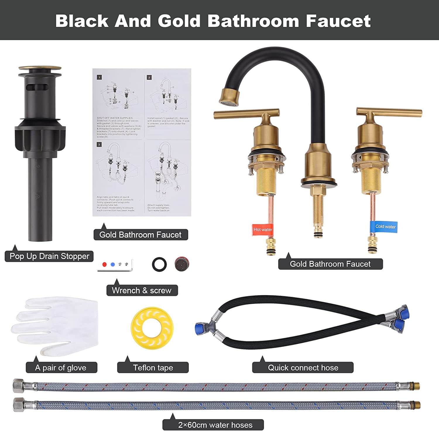 wowow 3 hole black and gold widespread bathroom faucet