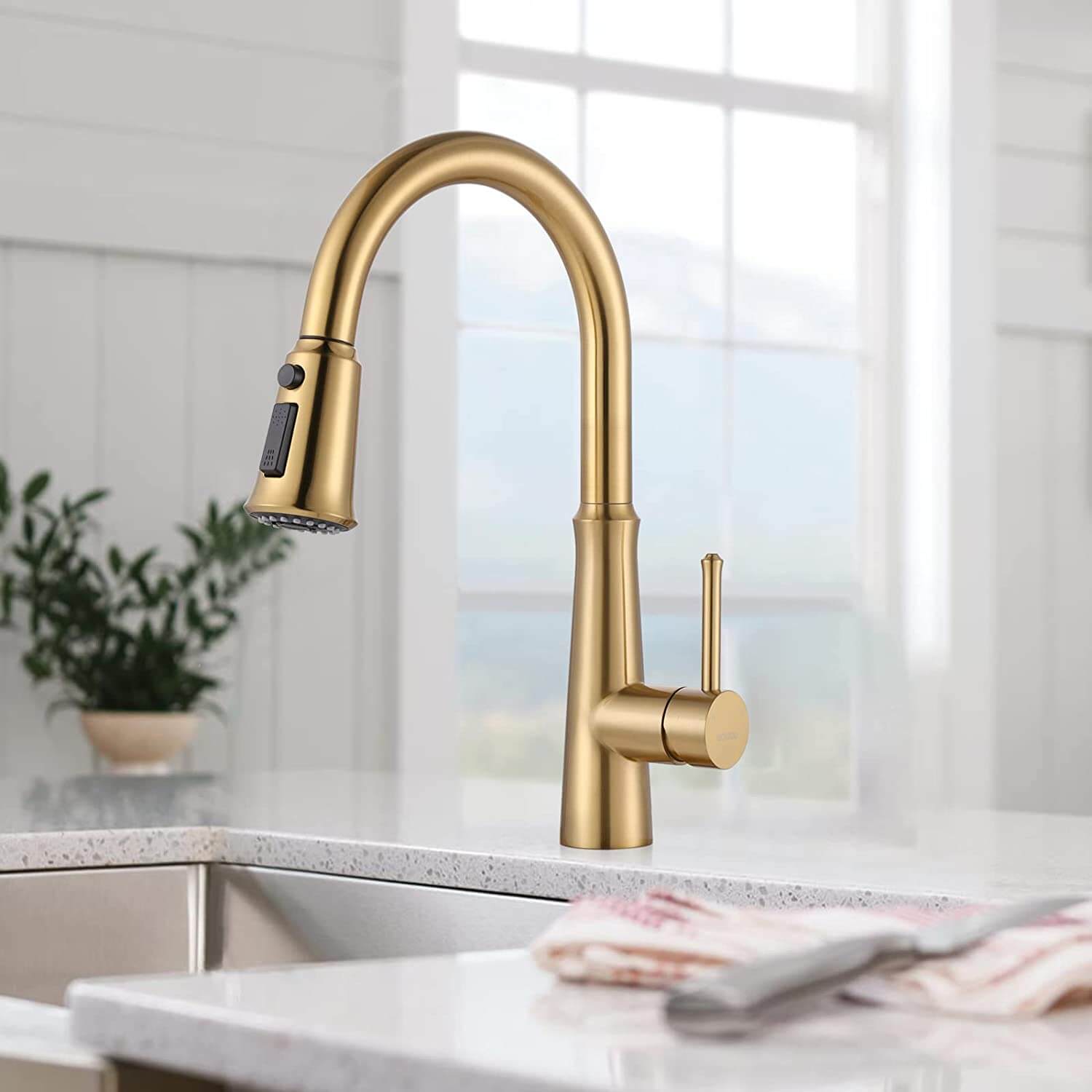 wowow brushed gold kitchen sink faucet with pull down sprayer