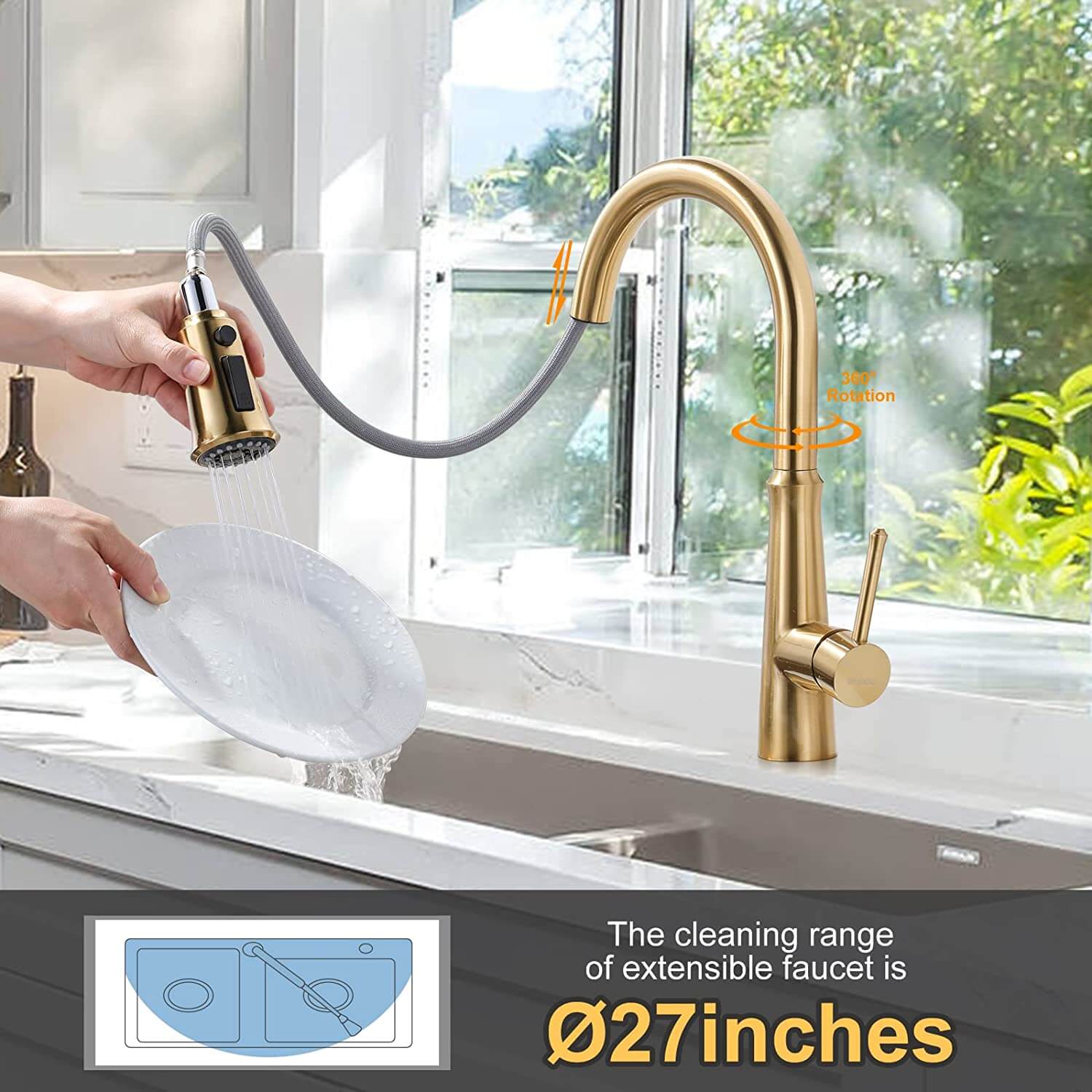 wowow brushed gold kitchen sink faucet with pull down sprayer