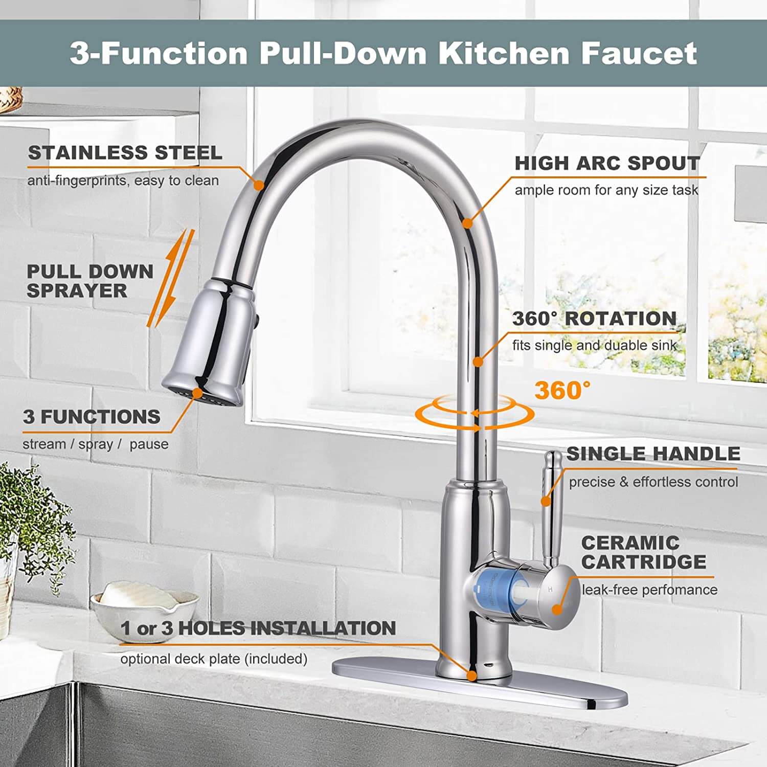 wowow high arc chrome kitchen faucet with pull down sprayer