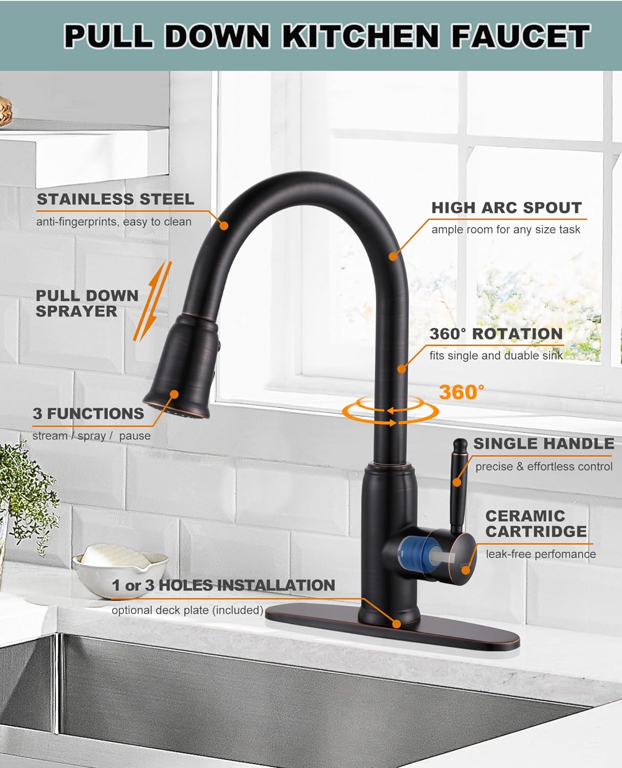 wowow high arc oil rubbed bronze kitchen faucet with pull down sprayer 1 1